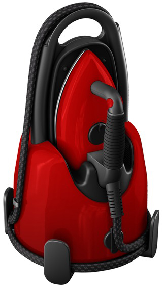 Red iron and stand. Black cord wraps around stand. Red iron points up.