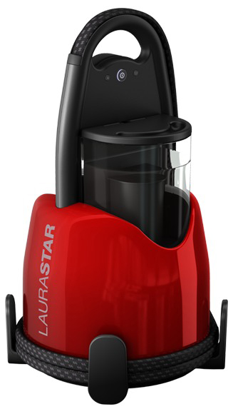 Red and black Laurastar garment steamer. Features include a handle, water tank and cord.