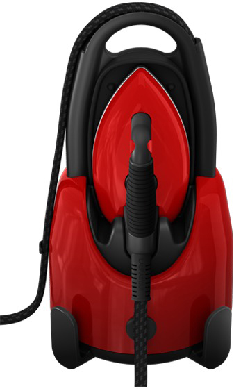 A red iron in its black stand. The cord is black.