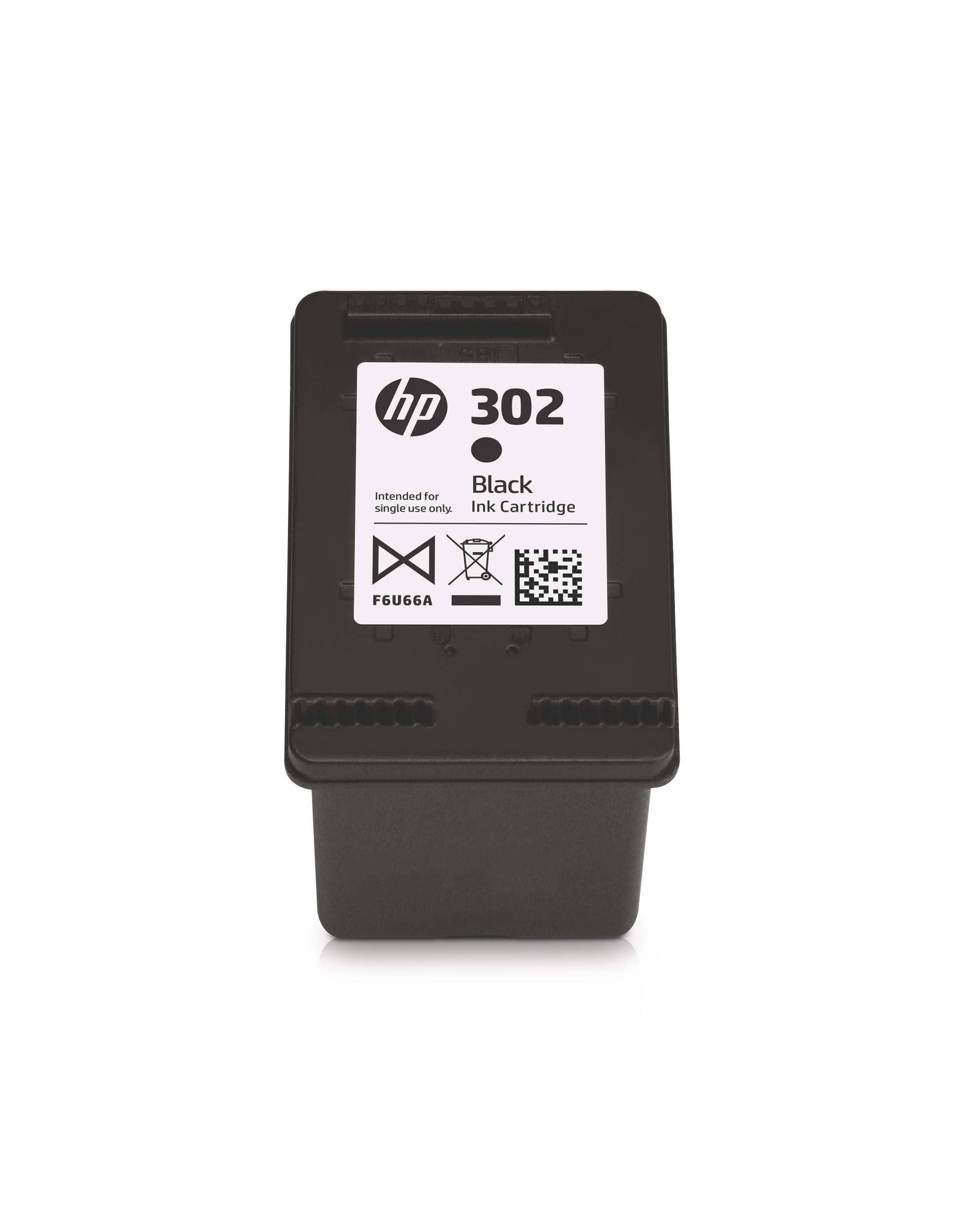 Black HP 302 ink cartridge. It is black and has a white label with text and a barcode.