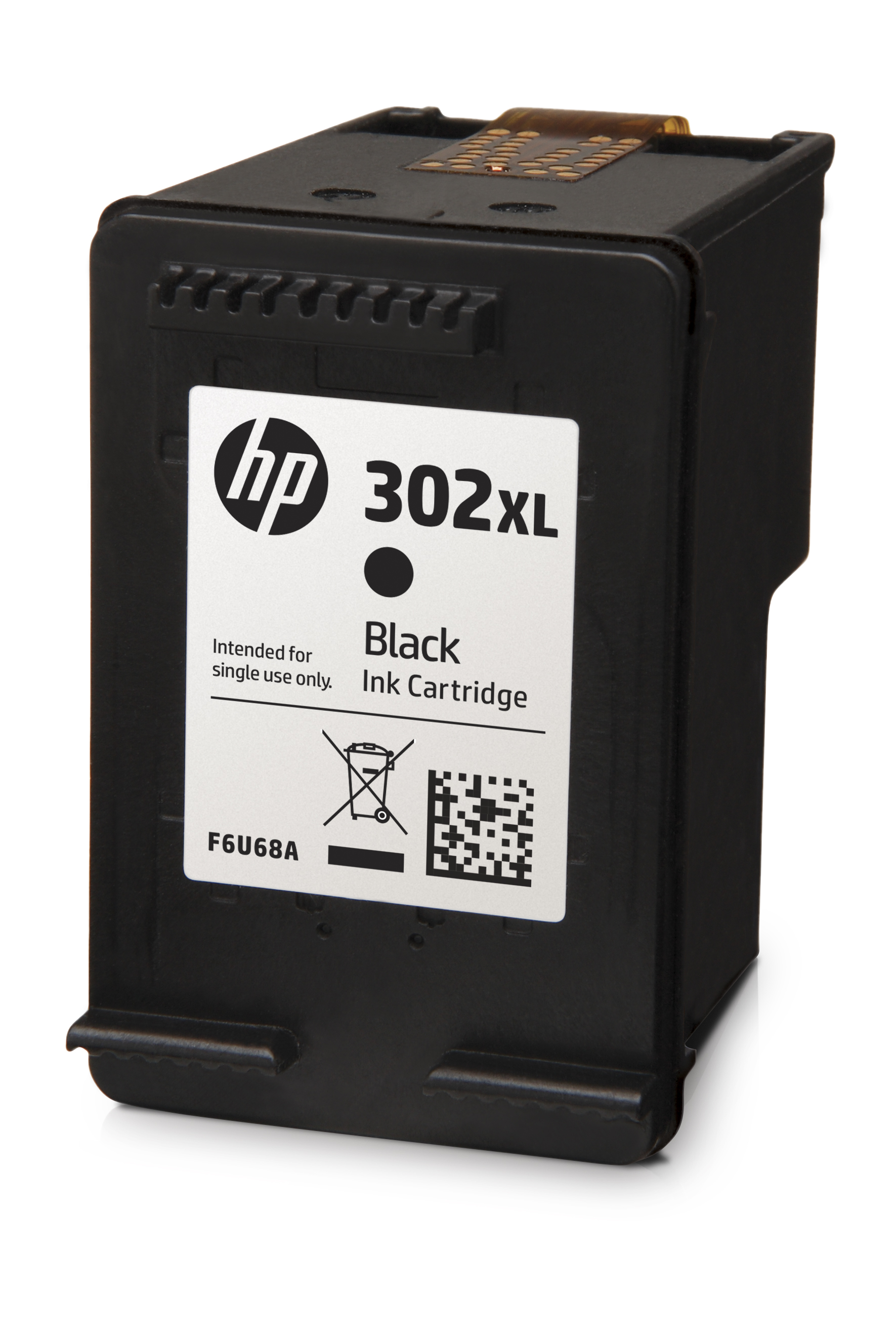 A black HP 302XL ink cartridge with a white label, designed for single use, on a white background.