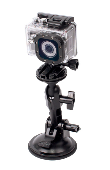 A waterproof action camera in a transparent case, mounted on a black suction cup stand, isolated on white.