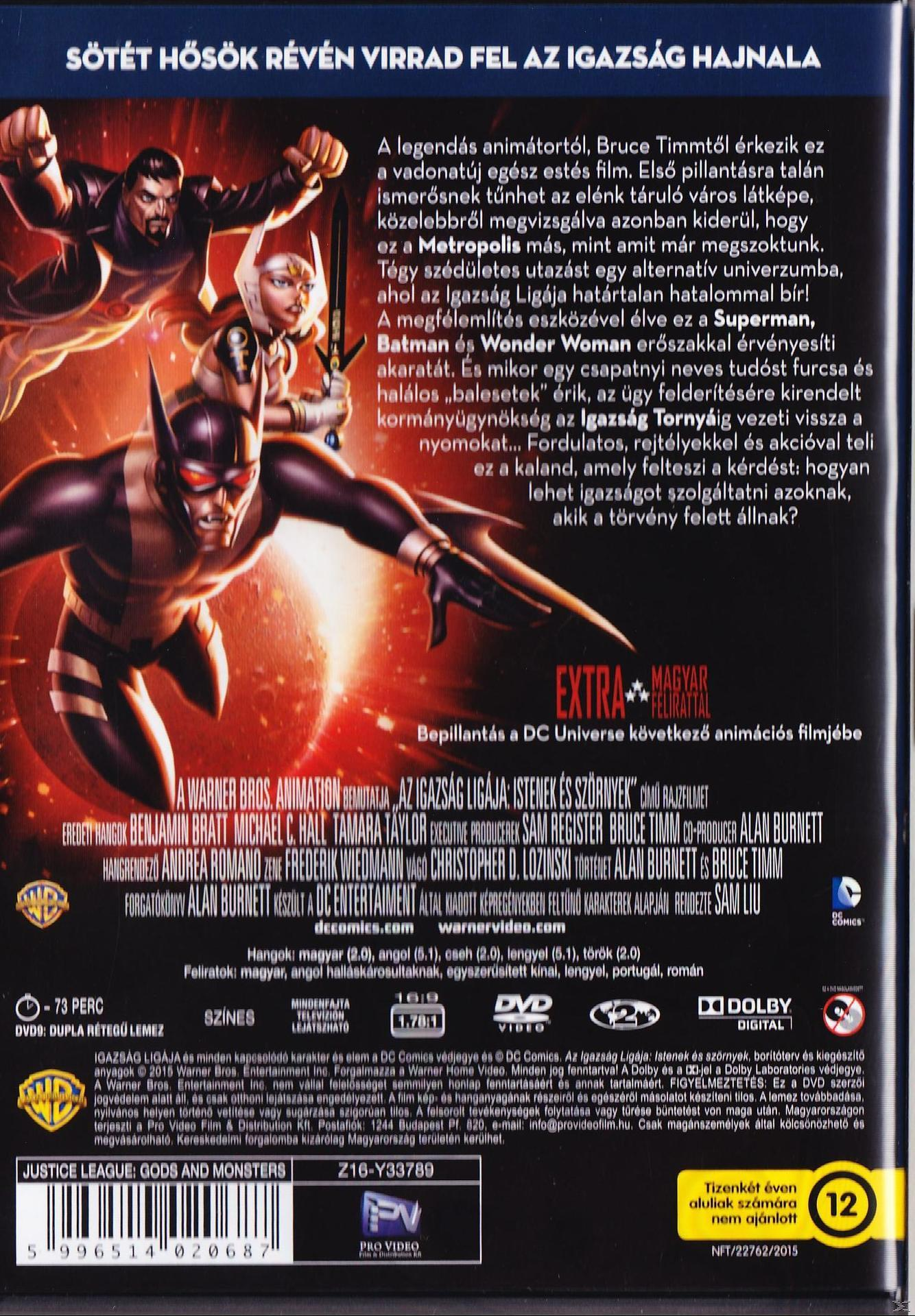 A Justice League: Gods and Monsters DVD hátlapja, karakterekkel, szöveggel és a Warner Bros. logójával.