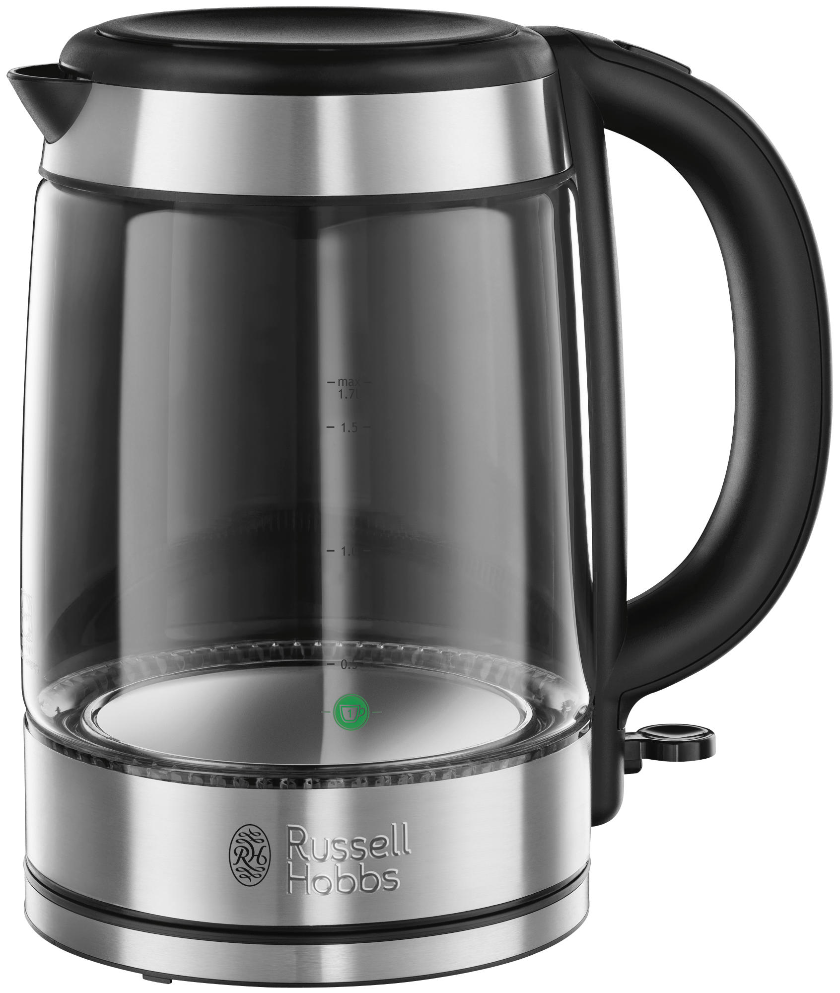 A clear glass electric kettle with a black handle and a silver base. Water is visible.