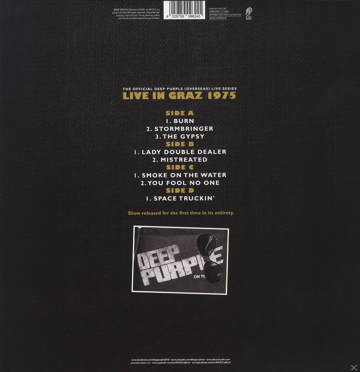 Albumcover: Deep Purple 'Live in Graz 1975'. Listet Songs, Bandlogo und ein Bild von Sonnenbrillen. Dunkelvioletter Hintergrund.