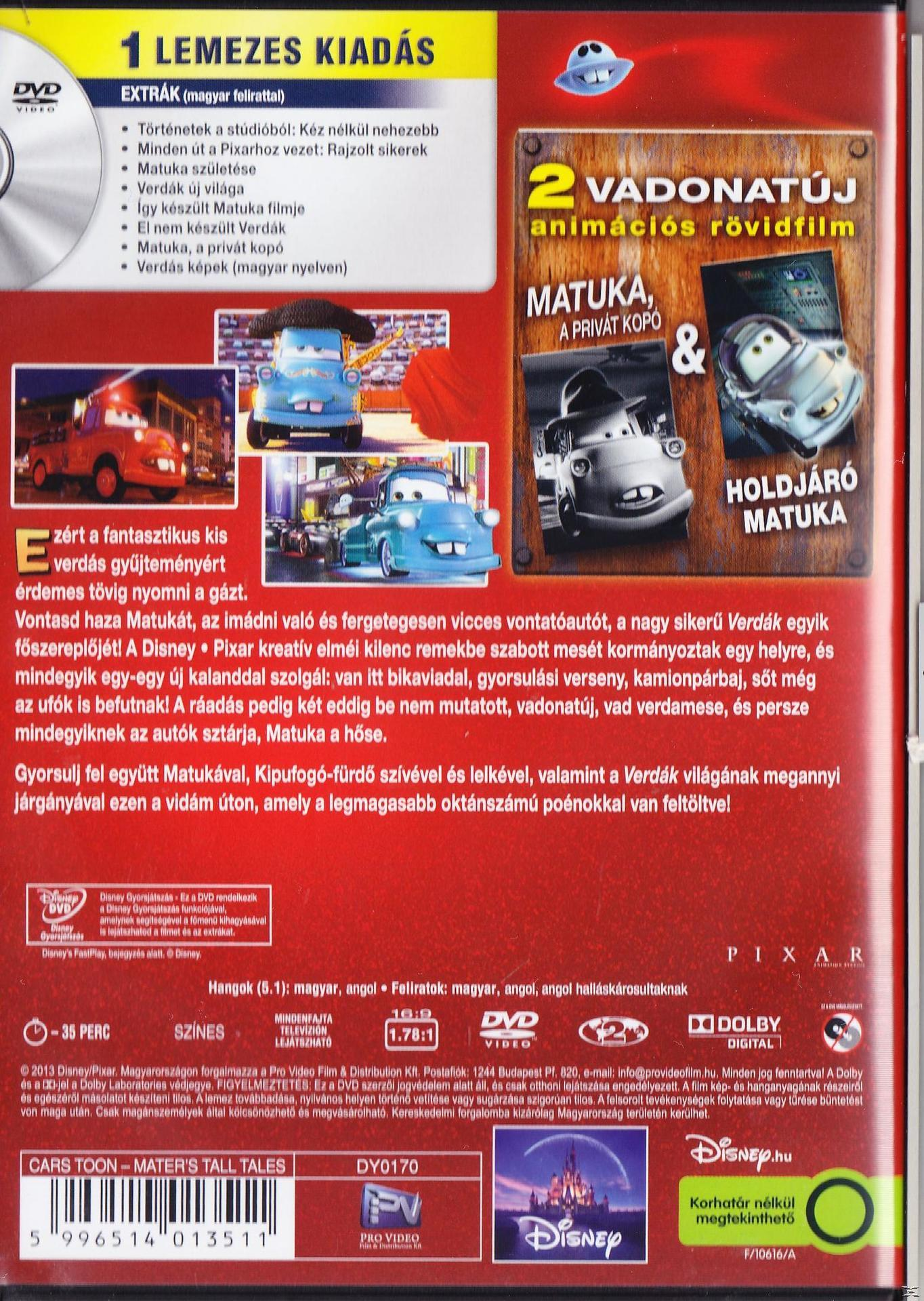 DVD borító Cars karakterekkel. A borítón magyar nyelvű szöveg és a film képei láthatók.