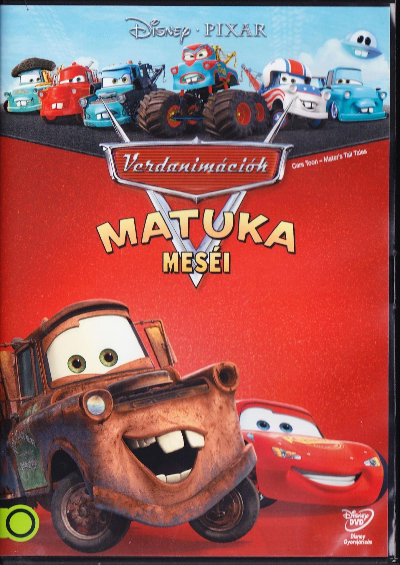 Cars DVD borító, Matuka és Villám McQueen. Piros háttér, rajzolt autókkal.