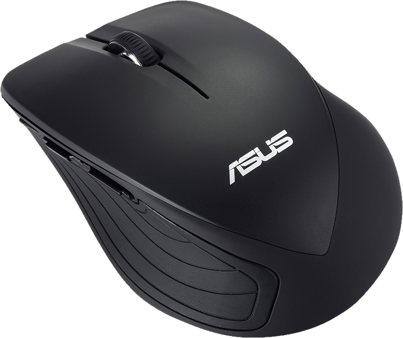 Fekete ASUS egér görgővel és az ASUS logóval fekete háttéren.