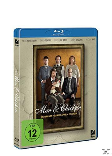 Blu-ray-Cover eines Films mit Leuten in Anzügen und einem Huhn. Der Text ist dänisch.