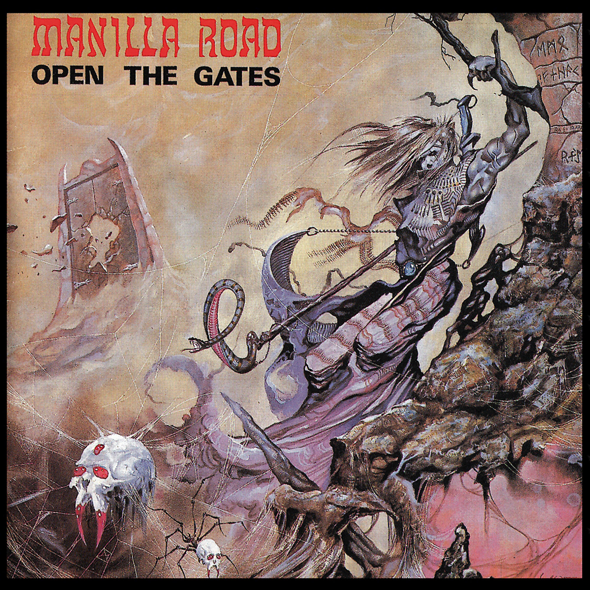 Albumcover. Eine Kriegerfigur mit langen Haaren, die einen Ast hält. Der Titel ist Manilla Road.