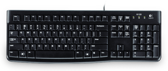 Black K120 Logitech keyboard. Has many keys, numbers, and letters. White background.
