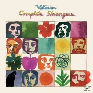 Albumcover mit bunten Quadraten, jedes mit einem Gesicht oder abstrakten Design. Der Titel lautet "Complete Strangers".