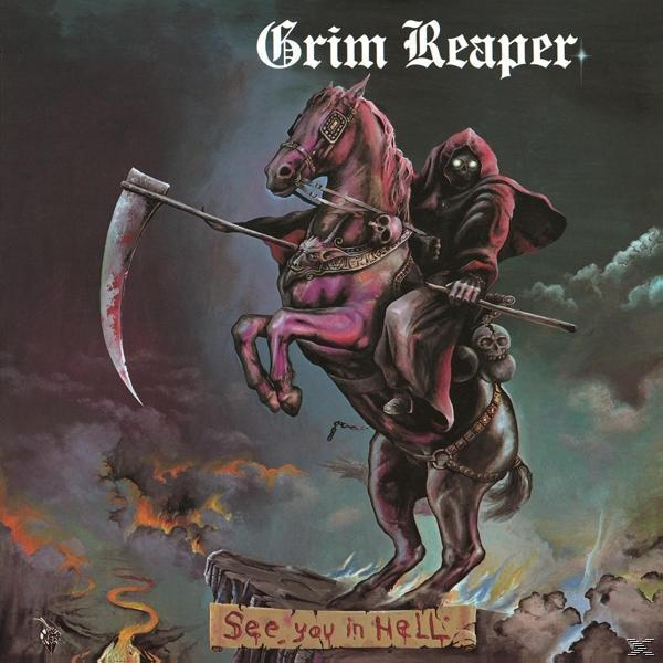 Grim Reaper album borítója. Egy csontváz figura lovon kaszával, sötét, tüzes háttérrel.