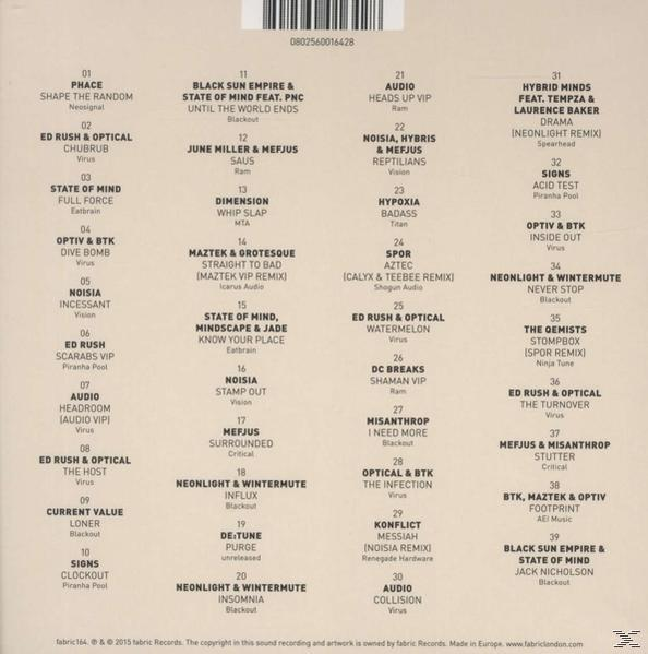 Tracklist. Verschillende artiesten en songtitels. Tekst is wit op een zwarte achtergrond. Enkele logo's.