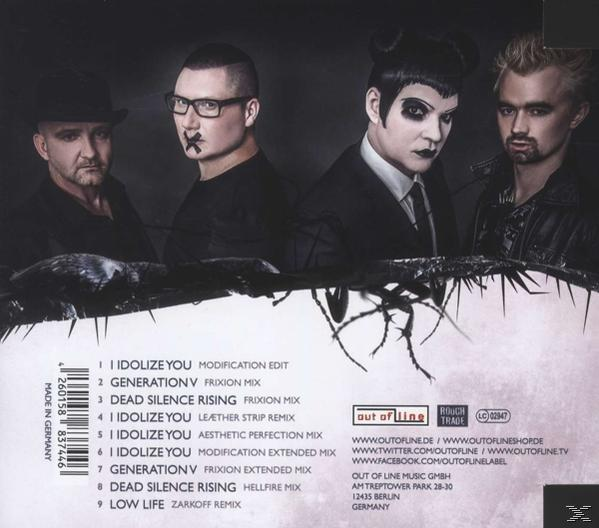 Album-Rückseite mit vier Personen. Titel: IDOLIZE YOU. Out of Line.