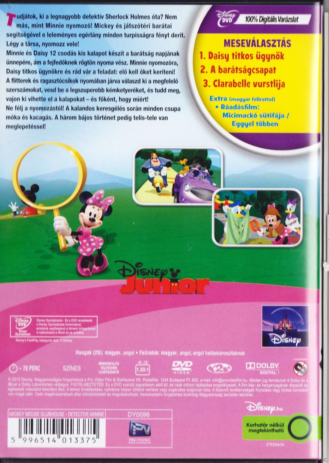 DVD borító, Minnie és Daisy nagyítóval. Szöveg: Mickey Mouse Clubhouse, Detective Minnie, szereplőkkel.