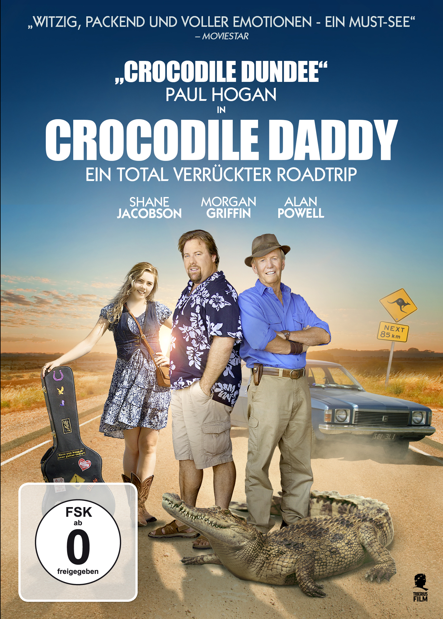 Filmplakat von 'Crocodile Daddy' mit drei Schauspielern. Ein Krokodil ist auf der Straße.