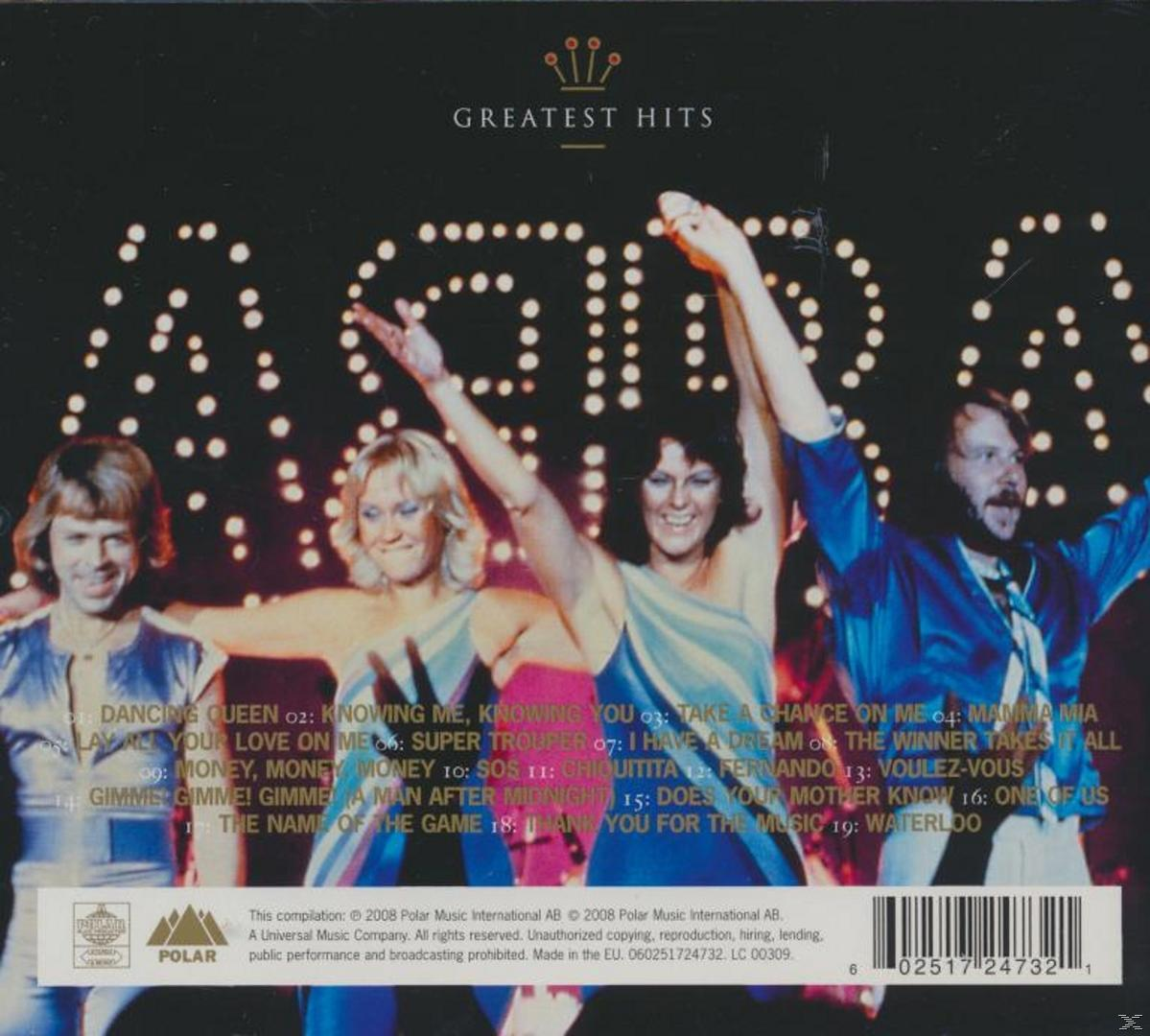 Pochette d'album ABBA avec les membres du groupe. Texte disant Greatest Hits. Les membres sont en groupe.