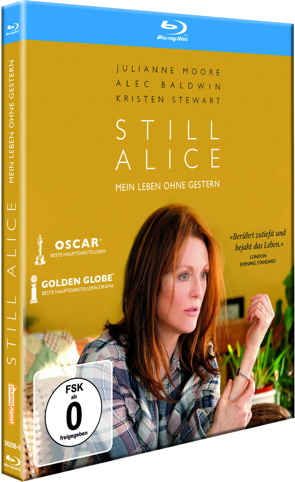 Blu-ray-Disc-Cover. Frau in kariertem Hemd, Text 'Still Alice'. Gold- und Blautöne, Filmdetails.