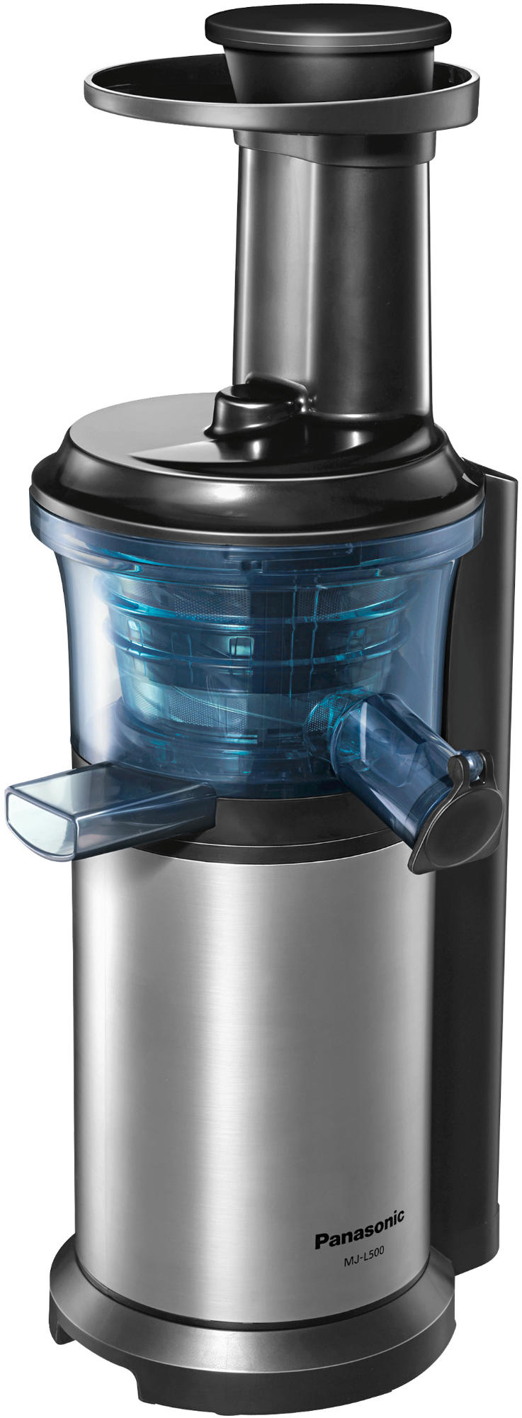 Srebrna i czarna wyciskarka Panasonic, stojąca. Wyciskarka ma niebieski, przezroczysty pojemnik.