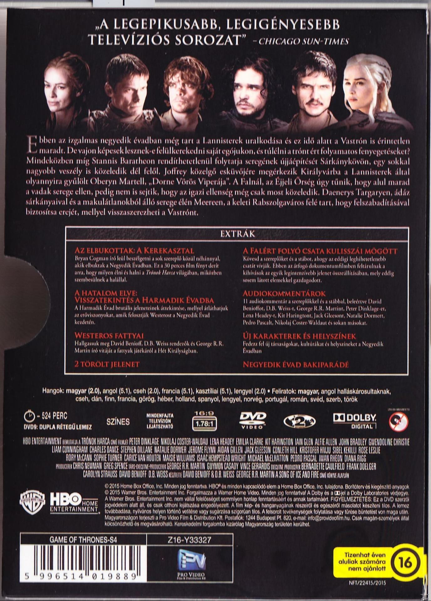 DVD tok hátulja több nyelven írt szöveggel. A Trónok harca szereplőinek képei.