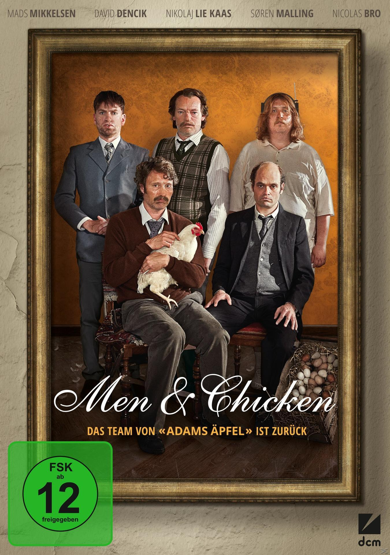 Filmcover. Fünf Männer in einem Rahmen. Text: Men & Chicken.