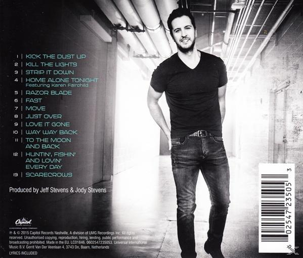 Album borító Luke Bryan-nel, szövegben a dalcímek: Kick the Dust Up, Kill the Lights, és még sok más.