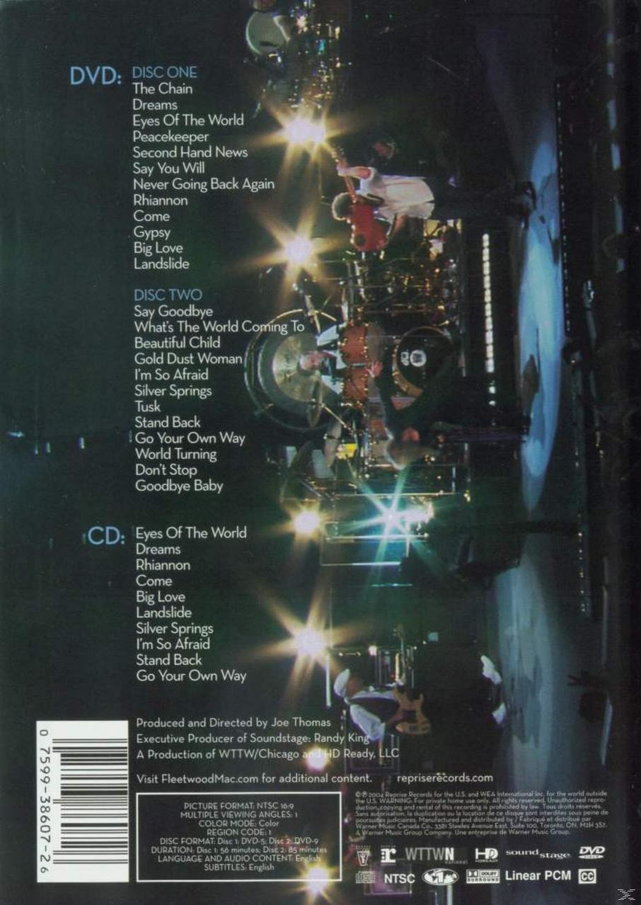 Rückseite eines Doppel-DVD- und CD-Cases mit Titellisten und Credits. Verfügt über eine dunkle Szene mit Bühnenlichtern und Musikern.