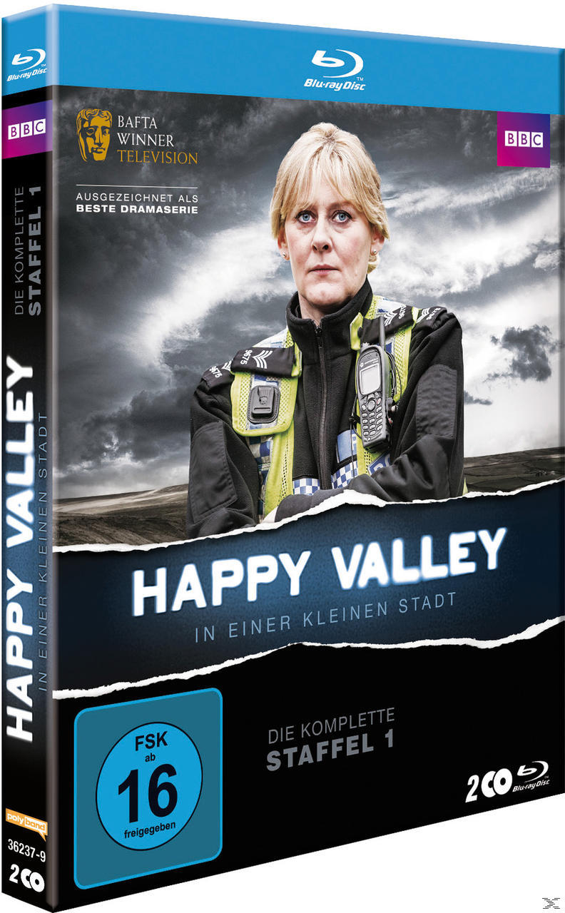 DVD-Cover von Happy Valley Staffel 1. In der Mitte eine Frau in Polizeiuniform.