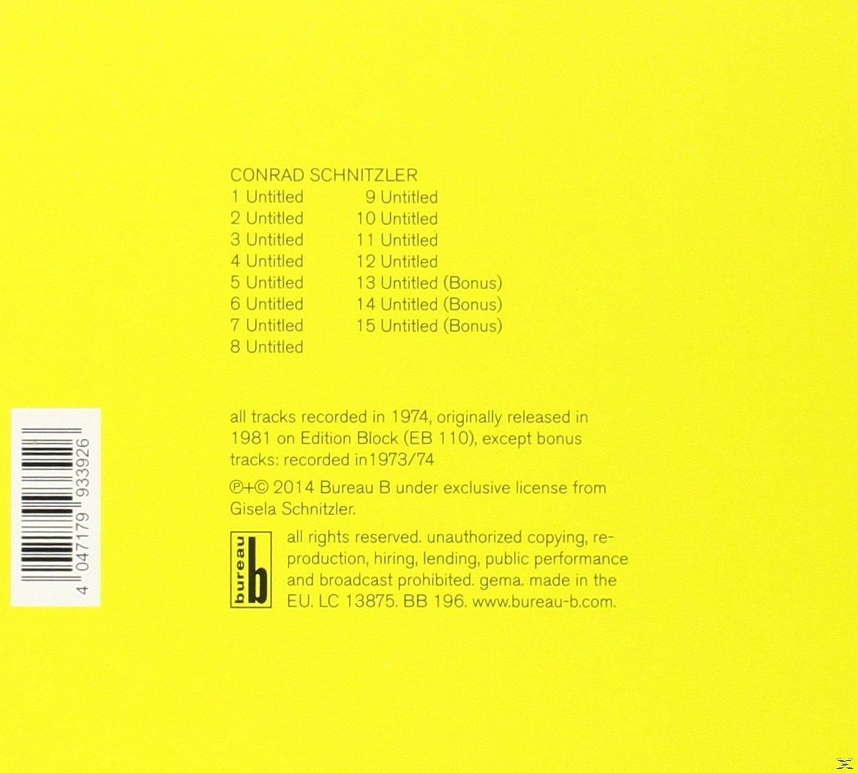 CD-Rückseite mit Titelliste. Unbenannte Titel sind aufgelistet. Gelber Hintergrund mit weißer Handgeste.