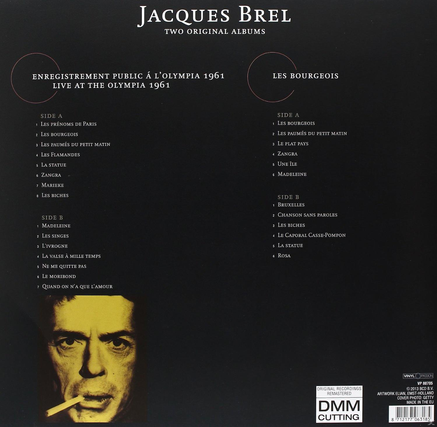 Album borító. Fekete-fehér fotó Jacques Brelről, amint dohányzik. A dalok listája az albumokról.