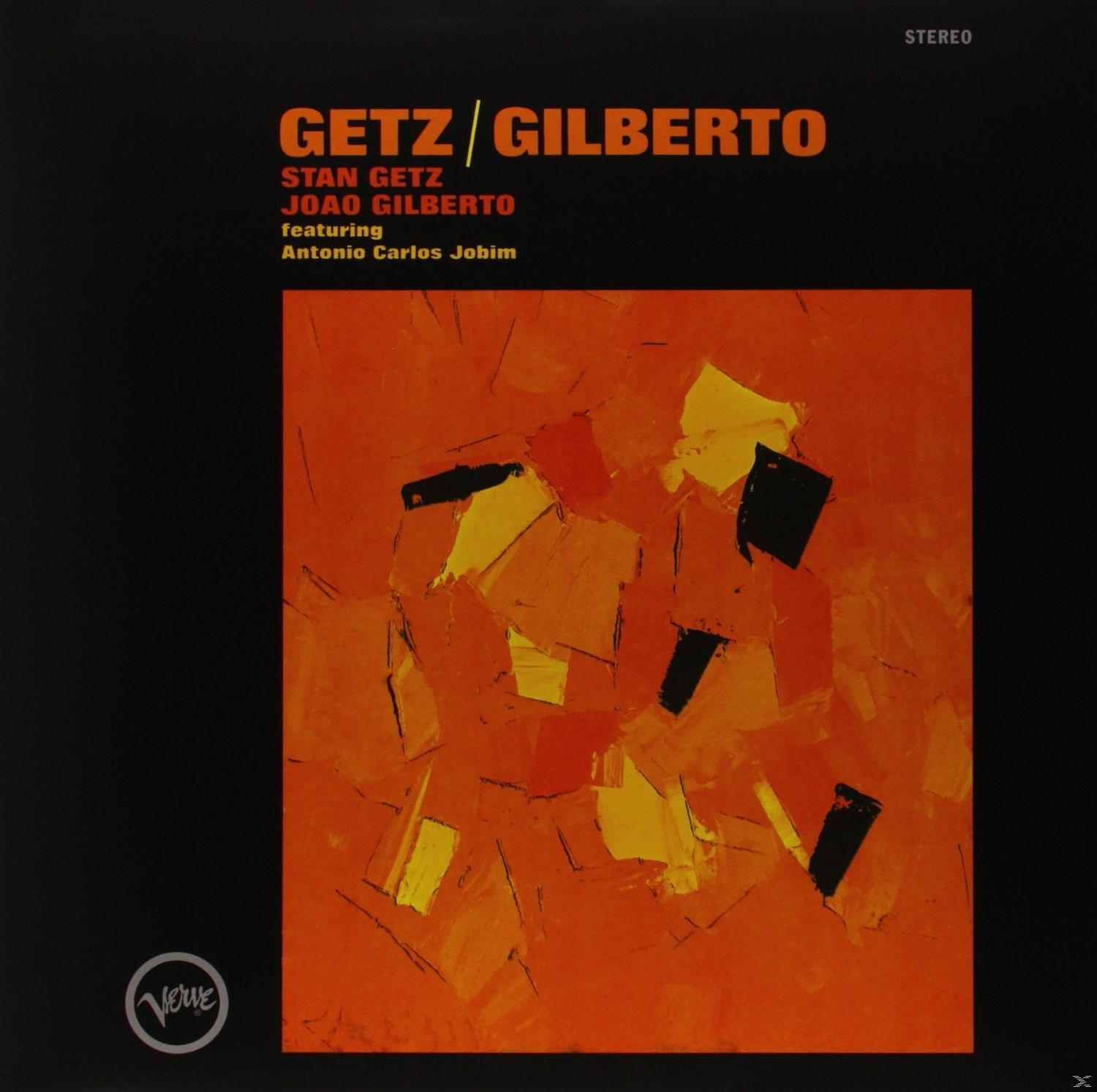 Albumcover von Stan Getz und Joao Gilberto mit abstrakter oranger Kunst.