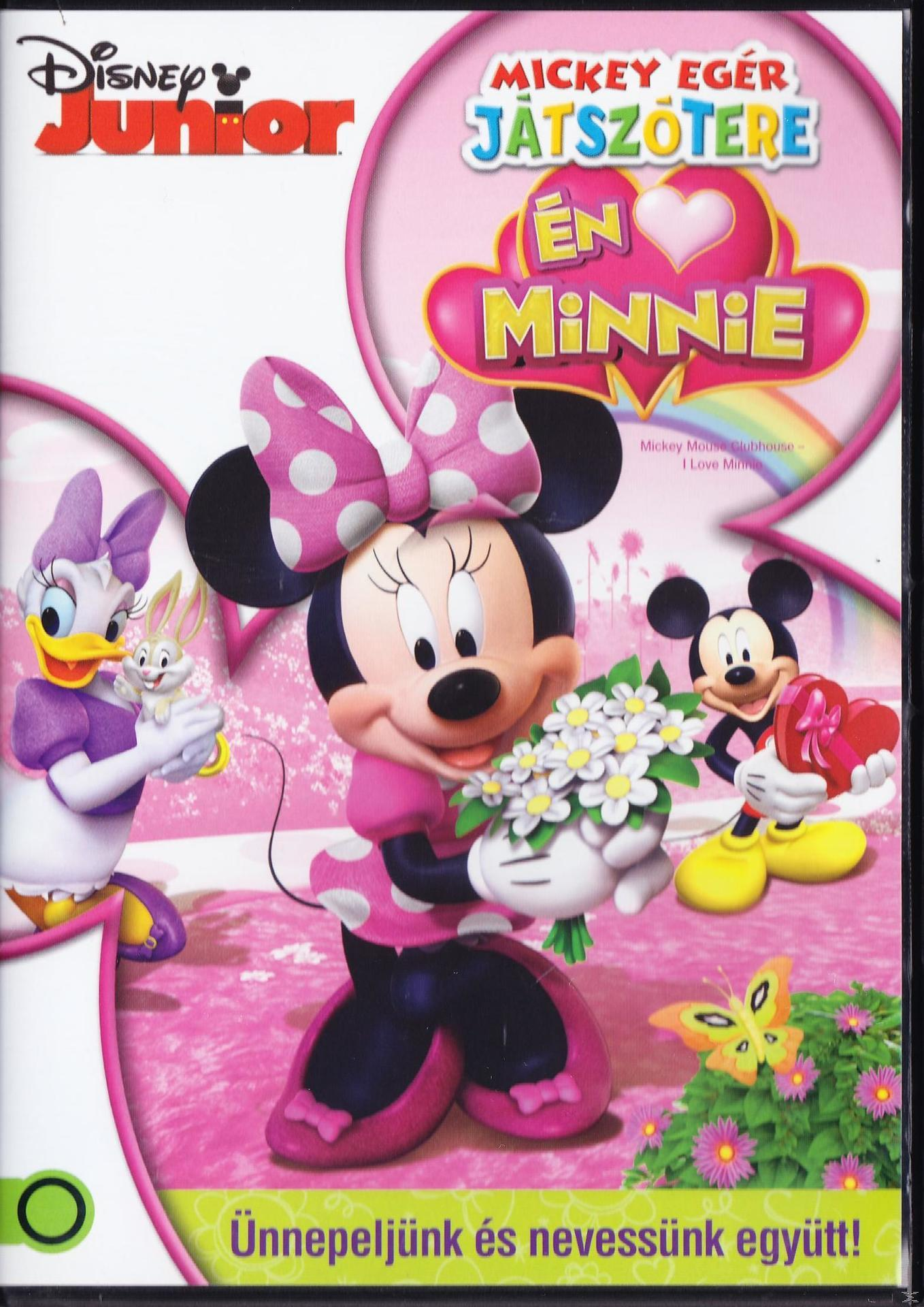 Minnie Mouse a DVD borítóján, más Disney-karakterekkel körülvéve, rózsaszín környezetben.