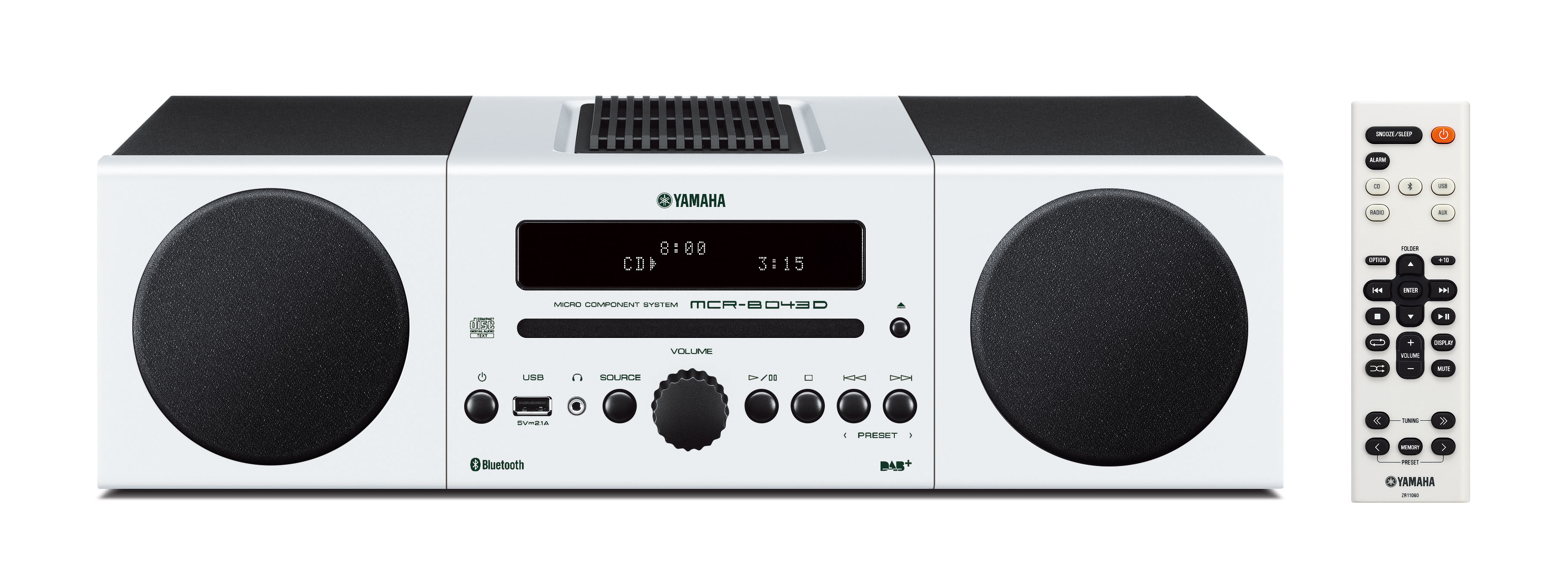 Weißes Yamaha-Stereosystem mit CD-Player, Lautsprechern und Fernbedienung.