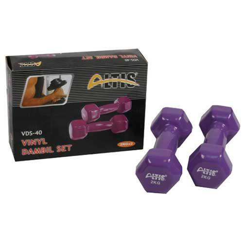 Mor dambıllar ve bir kutu. Kutu VDS-40 Vinyl Dambill Set diyor. Mor zemin.