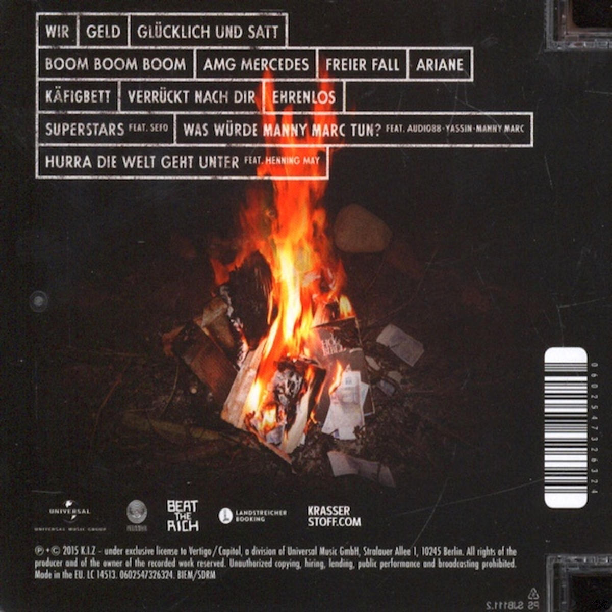 Album-Rückseite mit deutschen Songtiteln und einem brennenden Papierstapel.