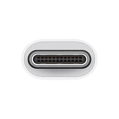 Fehér USB-C csatlakozó, felülnézet, látható érintkezőkkel.