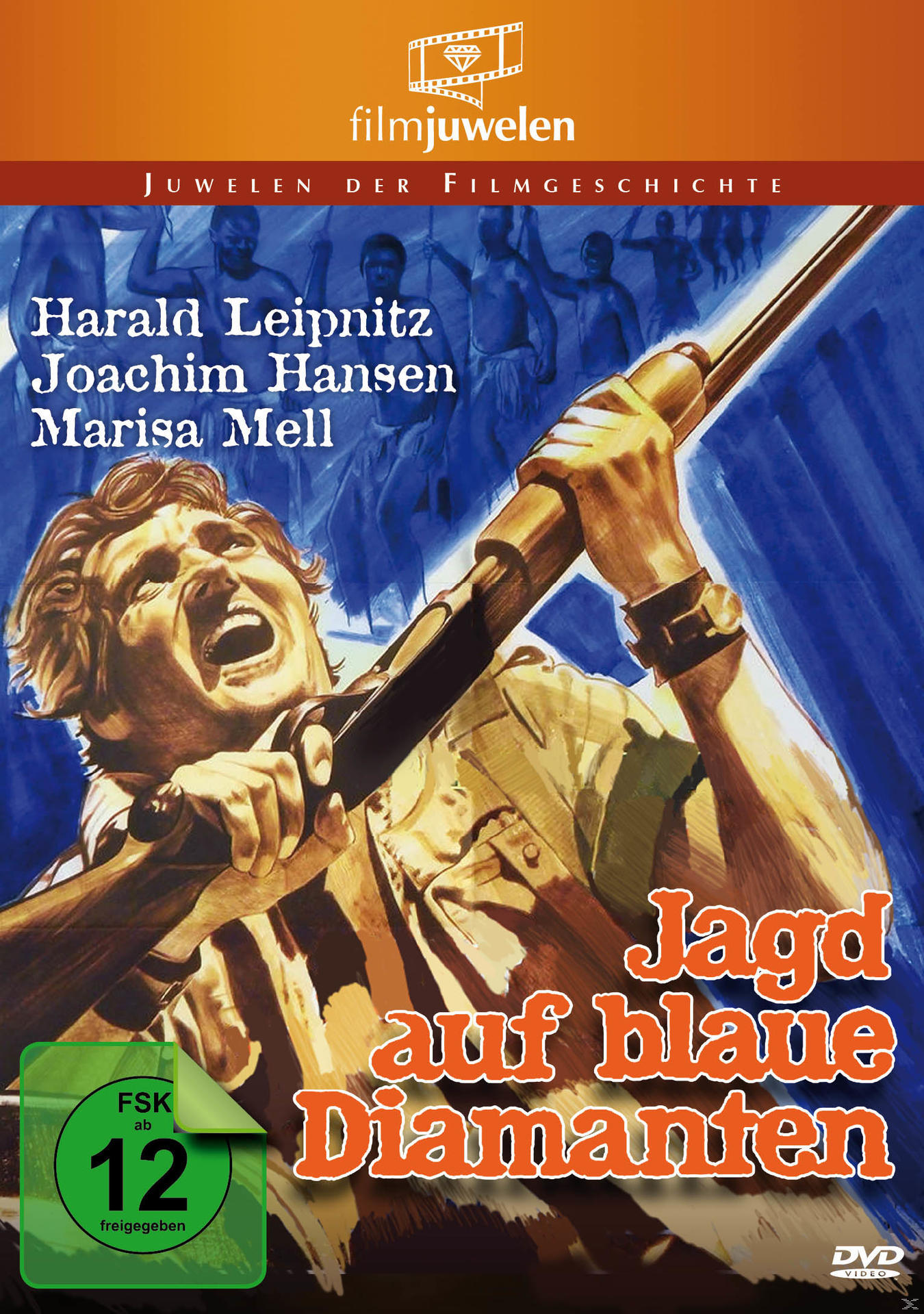 Filmposter mit einem Mann, der ein Gewehr hält und schreit, Titel Jagd auf blaue Diamanten.