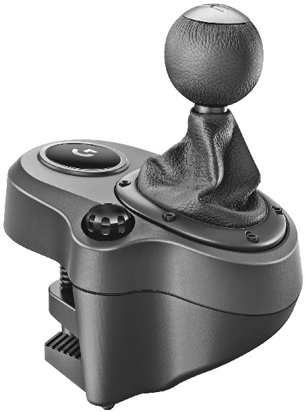 Un levier de vitesse Logitech noir avec un pommeau recouvert de cuir et une base avec commandes et une pince.