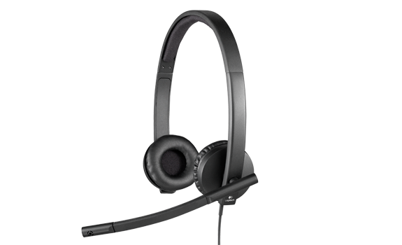 Black headset with a microphone on a white background.