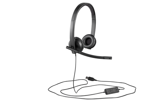 Black headset on a stand with a USB cable and a control box. White background.