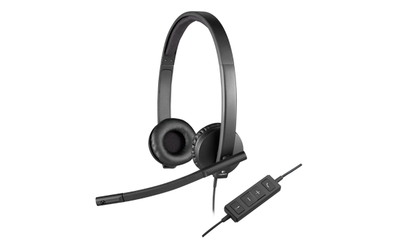 Black headphones with a microphone, and a control panel. White background.