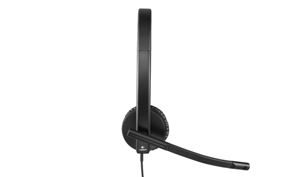 Black headset with a microphone. The headset is angled with a cable.