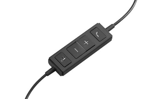 Close-up of a black in-line remote control with three buttons for volume, call, and mic.