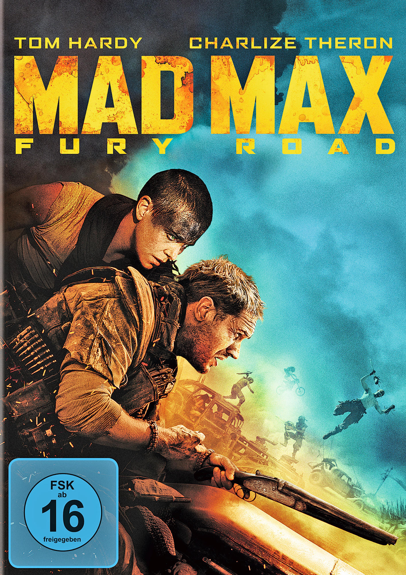 Poster für Mad Max: Fury Road. Tom Hardy und Charlize Theron sind zu sehen. Action-Szene mit Explosionen und Fahrzeugen in einer Wüstenumgebung.