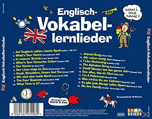 Das Cover eines blauen Kinderbuchs mit dem Titel 'Englisch-Vokabellernlieder' mit Illustrationen und Songtiteln.