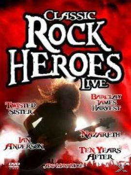 DVD-Cover: Classic Rock Heroes Live. Ein Mann spielt Gitarre auf der Bühne. Text mit Bandnamen.