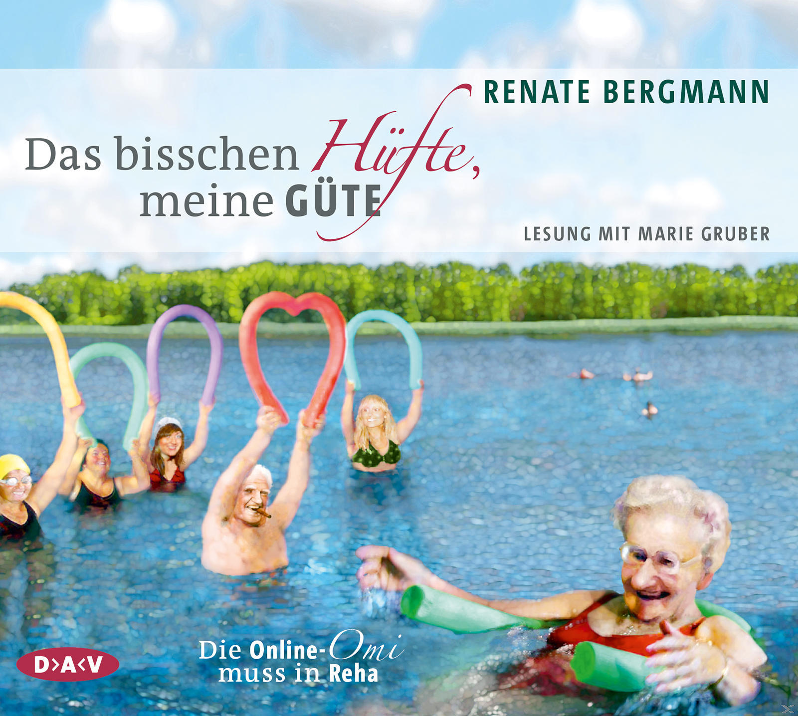 Albumcover. Menschen im Wasser mit Poolnudeln. Titel: Das bisschen Hüfte, meine Güte.