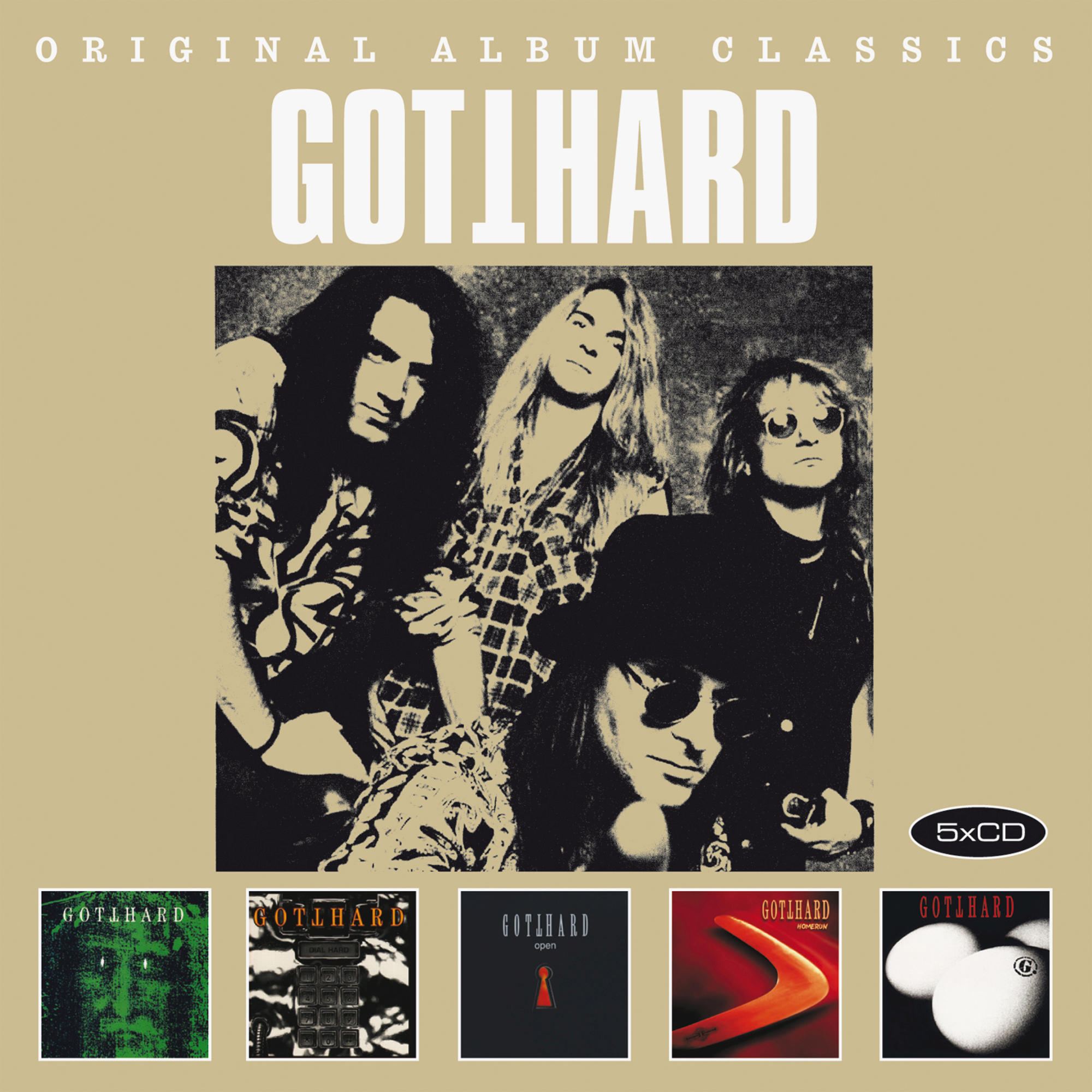Albumcover: GOTTHARD-Bandmitglieder in Schwarzweiß, mit 5 kleinen Albumcovern.