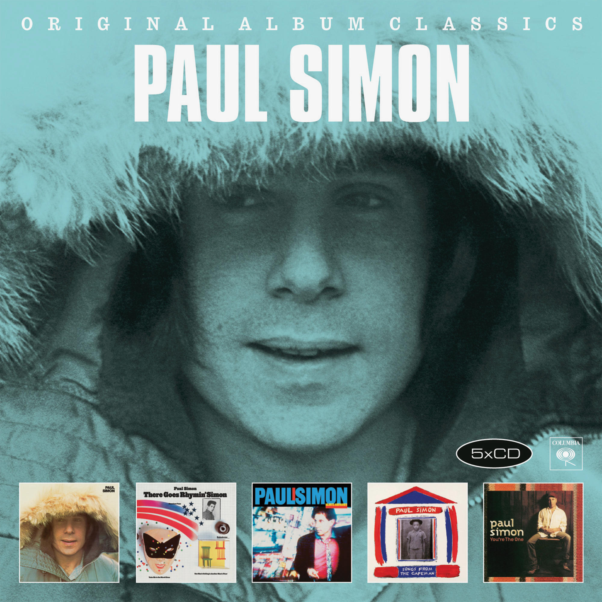 Albumcover mit Paul Simon in einer pelzgefütterten Kapuze, darunter kleinere Albumcover.
